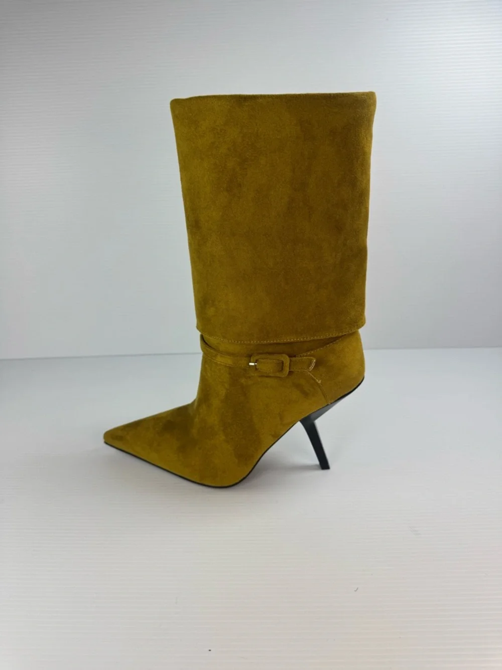 AKIRA Winding Olive Green Suede Pointed Toe Mid-Calf Boots Stiletto Heel Size 7 - Picture 5 of 6